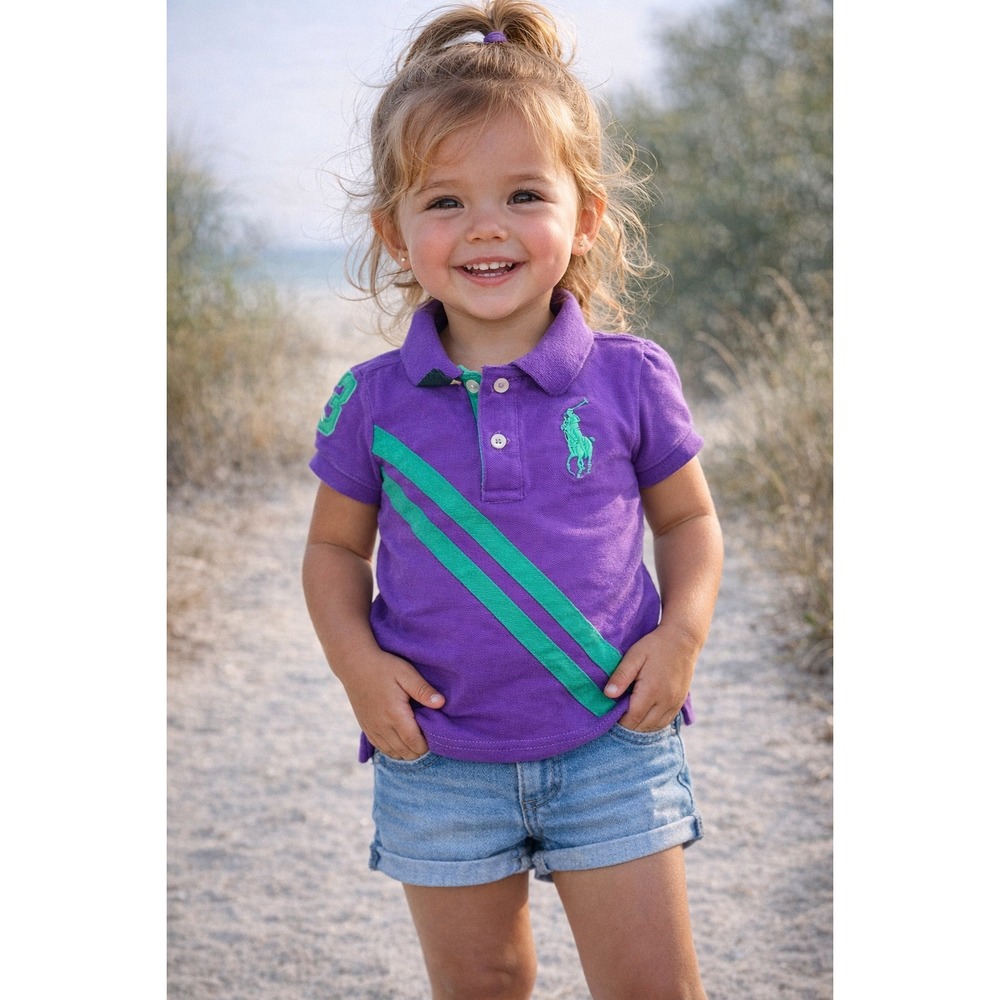 Polo Ralph Lauren Polo Shirt Toddler 3T Purple Green Big Pony Stripe Preppy Cute